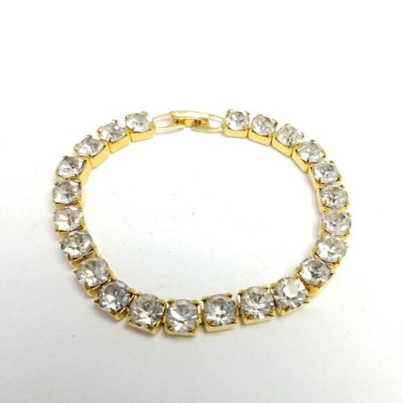 Vintage Rhinestone Bracelet, Gold Tone, Tennis Style, Sparkly Estate - Picture 1 of 5